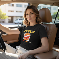Load image into Gallery viewer, Jesus Lord an King black t-shirt on female in car
